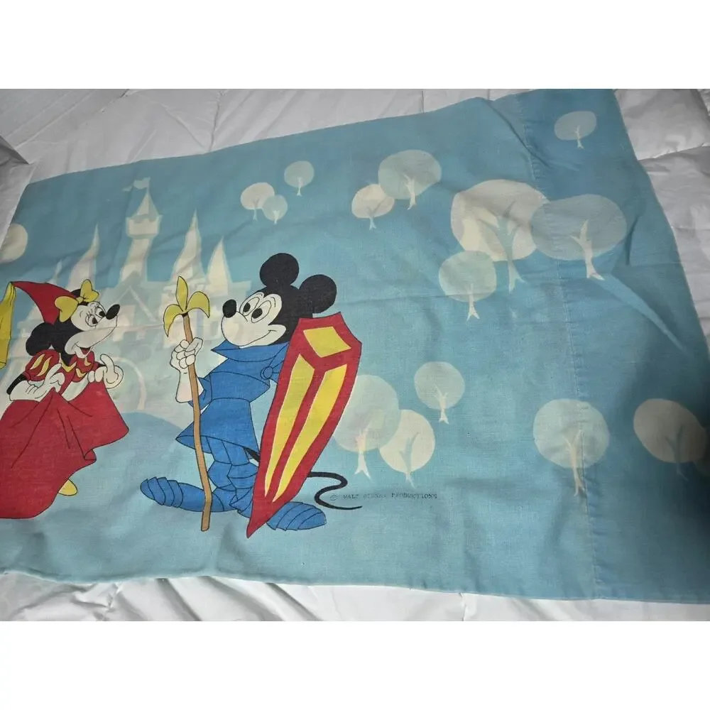 Disney 70s Mickey Mouse Frontierland Blue Pillowcase Knight Princess Vtg Cham